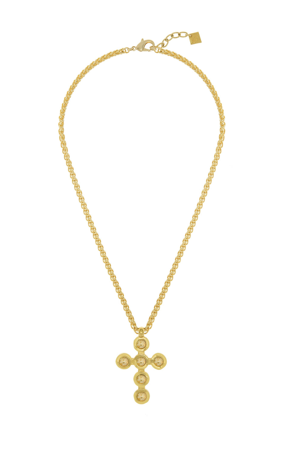 Gold Round Cross Necklace, Gold plated big hanging cross with six circle crystals chain necklace