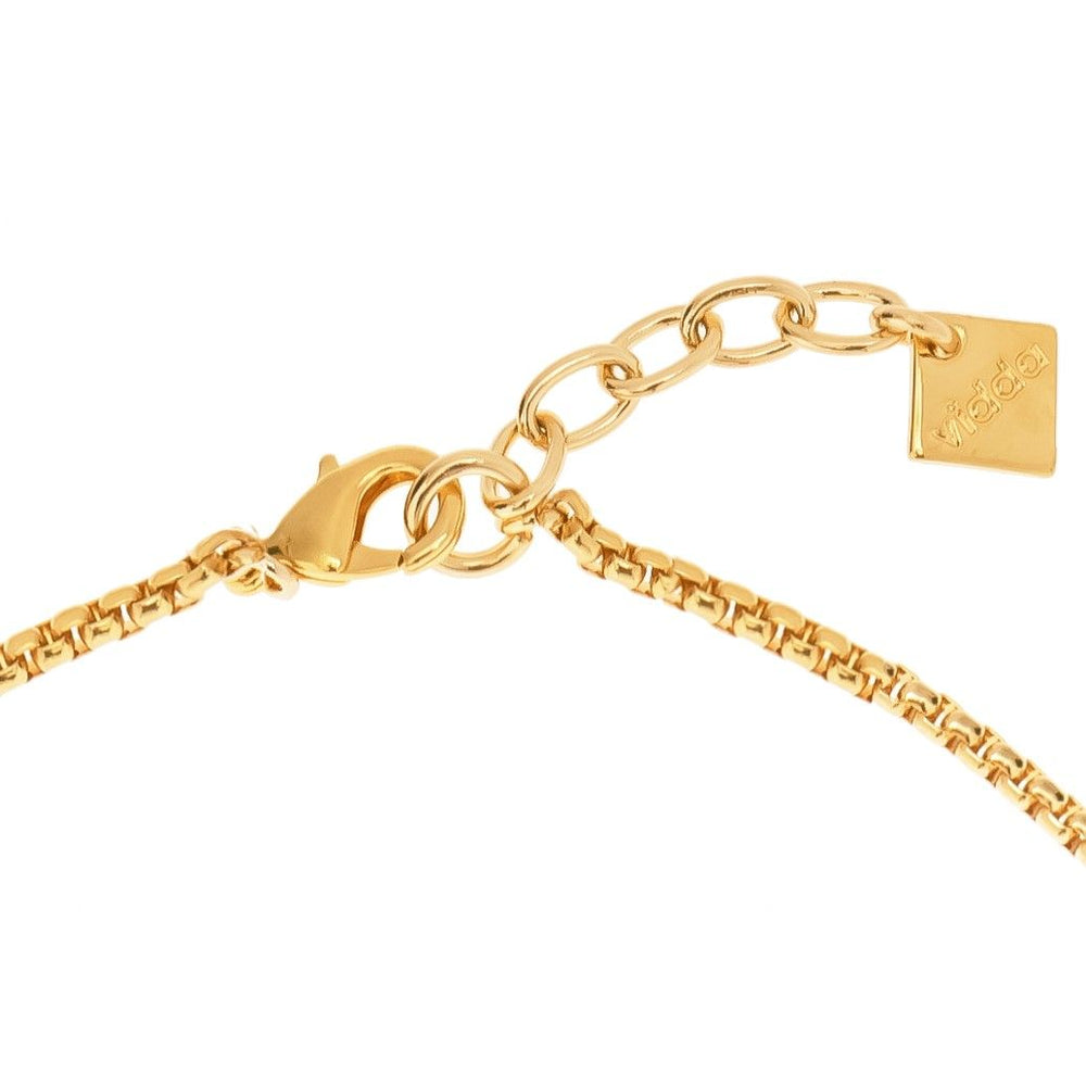 Gold plated mini-cube long chain necklace. Hanging rectangle with one crystal