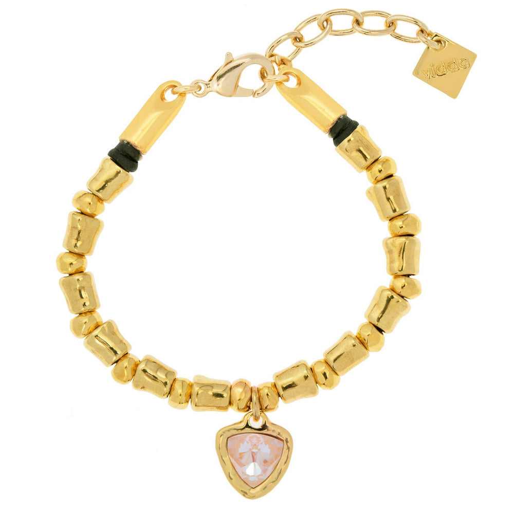 Gold Beads Bracelet Clear Rose Quartz, Gold Plated Irregular And Round Beads Bracelet With One Triangle Pink Crystal