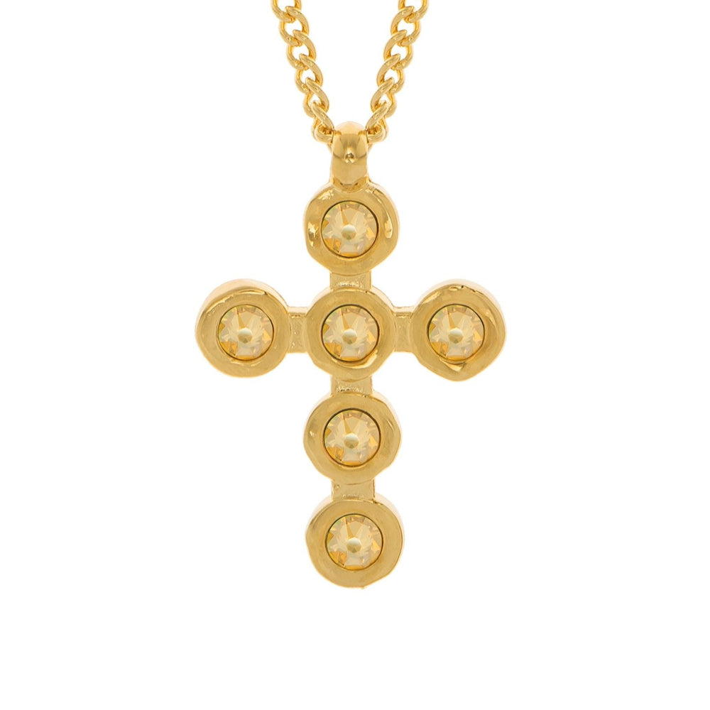 Gold Round Cross Necklace, Gold plated small hanging cross with six circle crystals chain necklace