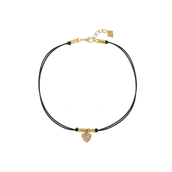 Gold plated double leather cord necklace with one triangle crystal charm