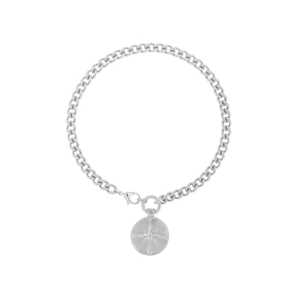 Sterling silver plated curb chain necklace with one central double sided, compass and sun, coin