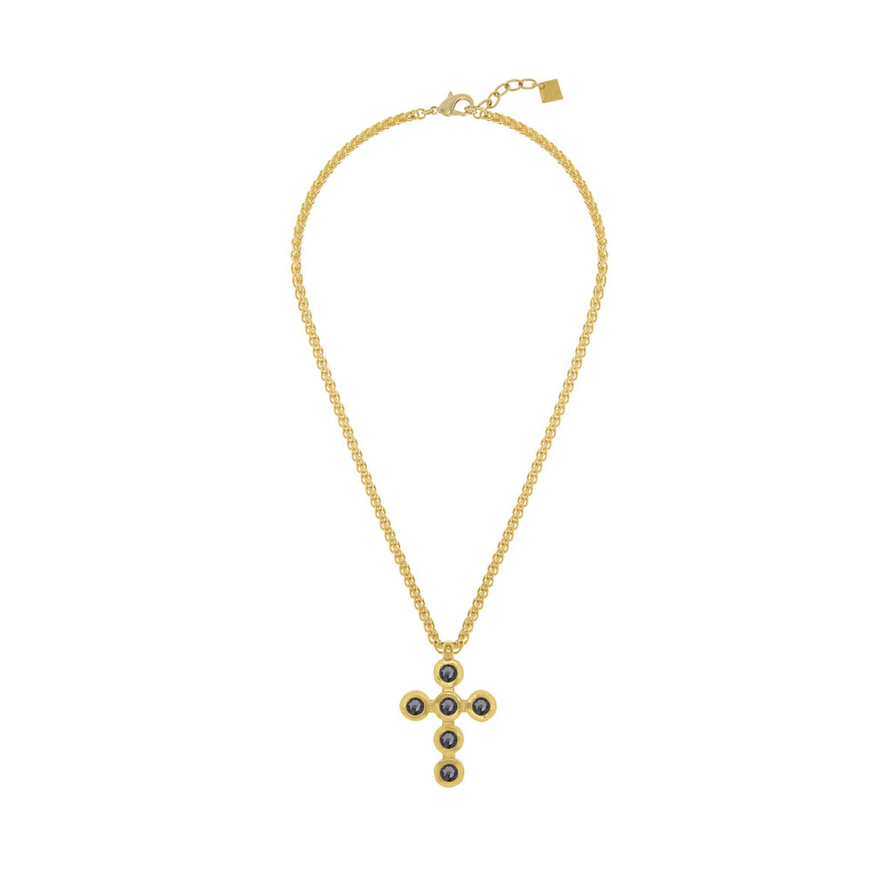 Gold Round Cross Necklace, Gold plated big hanging cross with six circle crystals chain necklace