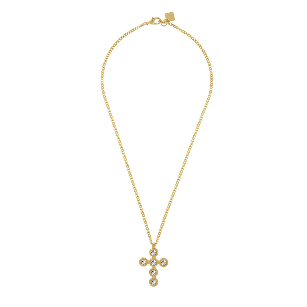 Gold Round Cross Necklace, Gold plated small hanging cross with six circle crystals chain necklace