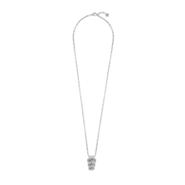 Sterling silver plated long chain necklace with a hanging piece with three different size crystals