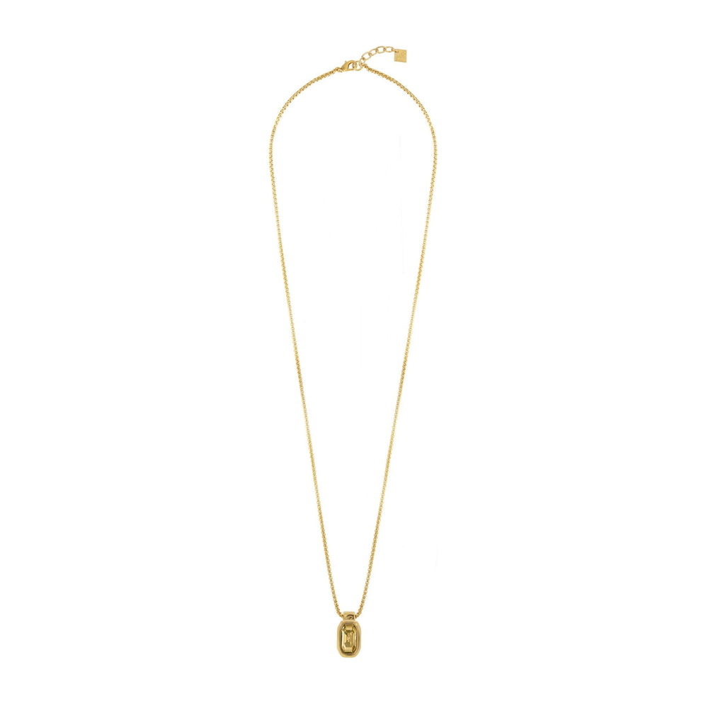 Gold plated mini-cube long chain necklace. Hanging rectangle with one crystal