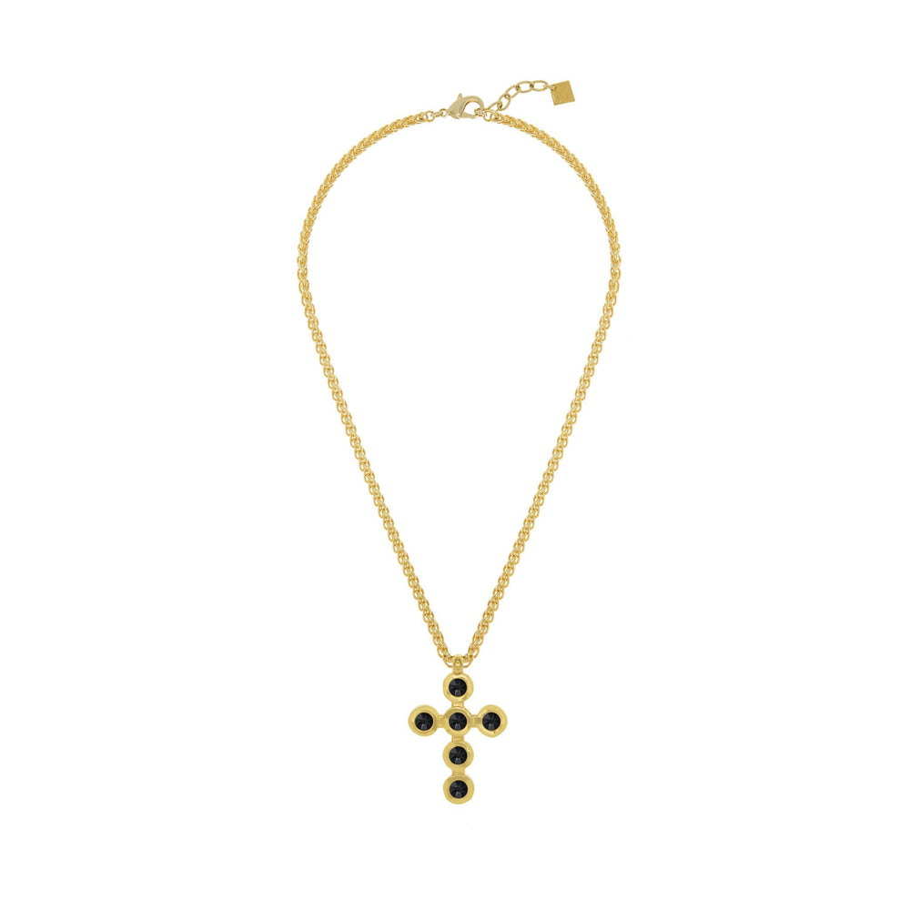 Gold Round Cross Necklace, Gold plated big hanging cross with six circle crystals chain necklace