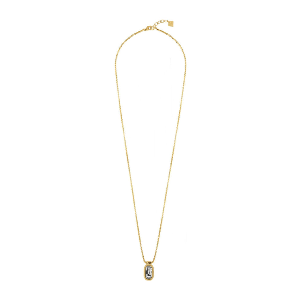 Gold plated mini-cube long chain necklace. Hanging rectangle with one crystal