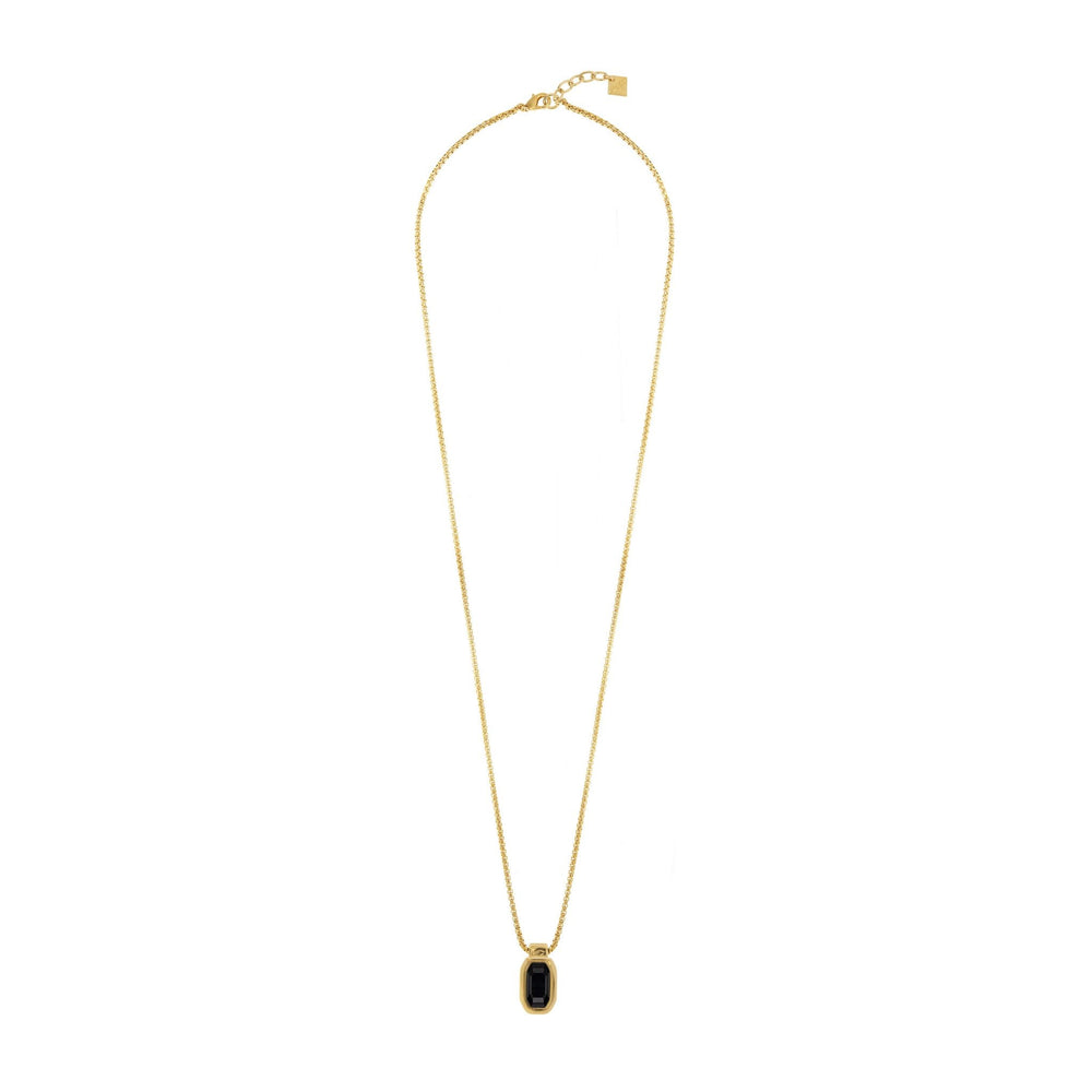 Gold plated mini-cube long chain necklace. Hanging rectangle with one crystal