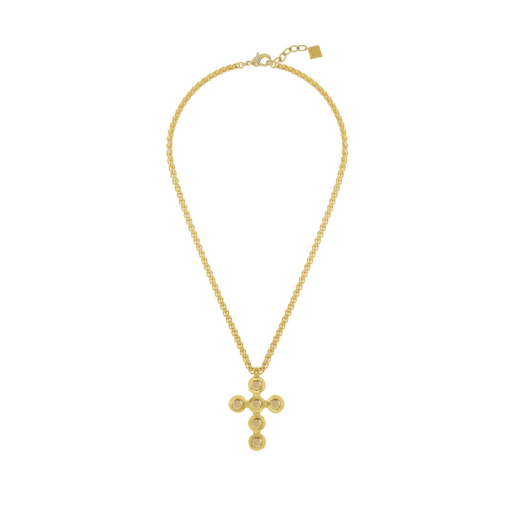 Gold Round Cross Necklace, Gold plated big hanging cross with six circle crystals chain necklace