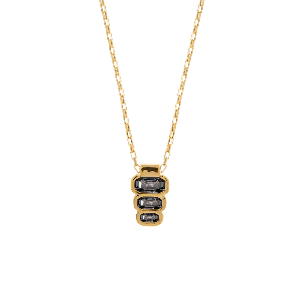 Gold plated short chain necklace with a hanging piece with three different size crystals